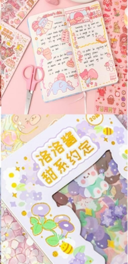 Cute Cartoon Theme Stickers - 4in1 Sheets Cute Washi Stickers for Project, Japanese Style Girls Sticker Set