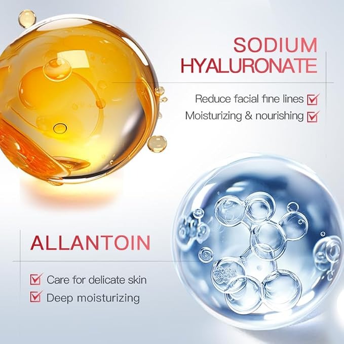 Promotional graphic for a skincare product featuring two translucent spheres: a golden amber sphere labeled 'SODIUM HYALURONATE' and a clear blue sphere labeled 'ALLANTOIN', with text describing benefits such as reducing facial fine lines and deep moisturizing.