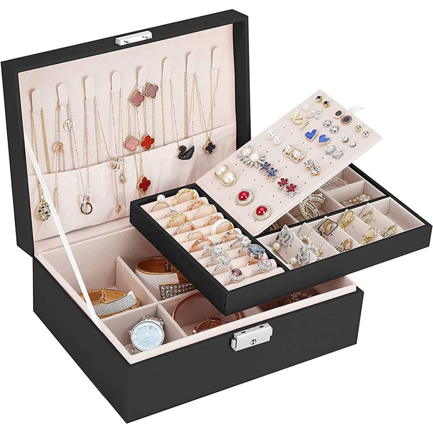 Leather Jewellery & Cosmetics Organizer with Lock – 2-Layer Storage Box