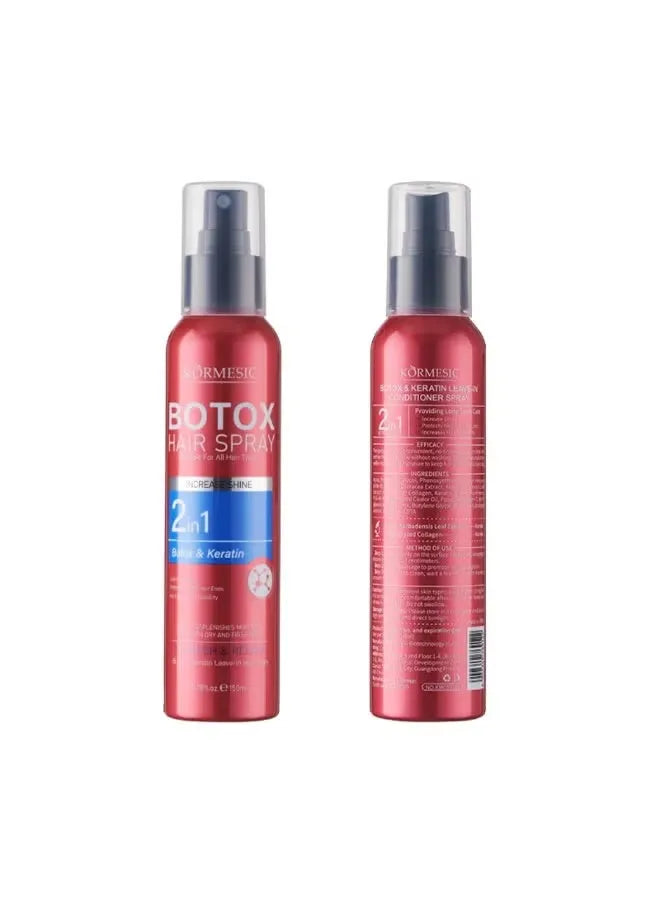 Two bottles of Kormesic Botox Hair Spray shown side by side on a plain white background, displaying both the front label and the back text.