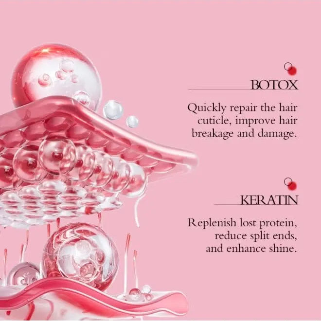 Pink promotional graphic with abstract pink and clear gel-like droplet shapes on the left and text on the right reading 'BOTOX' and 'KERATIN' with benefit copy for hair repair.