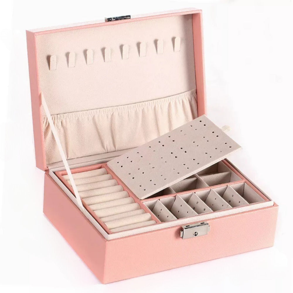 Leather Jewellery & Cosmetics Organizer with Lock – 2-Layer Storage Box