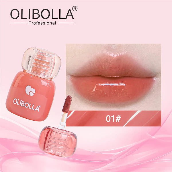 OLIBOLLA lip gloss with a close-up of lips wearing the product on a pink background