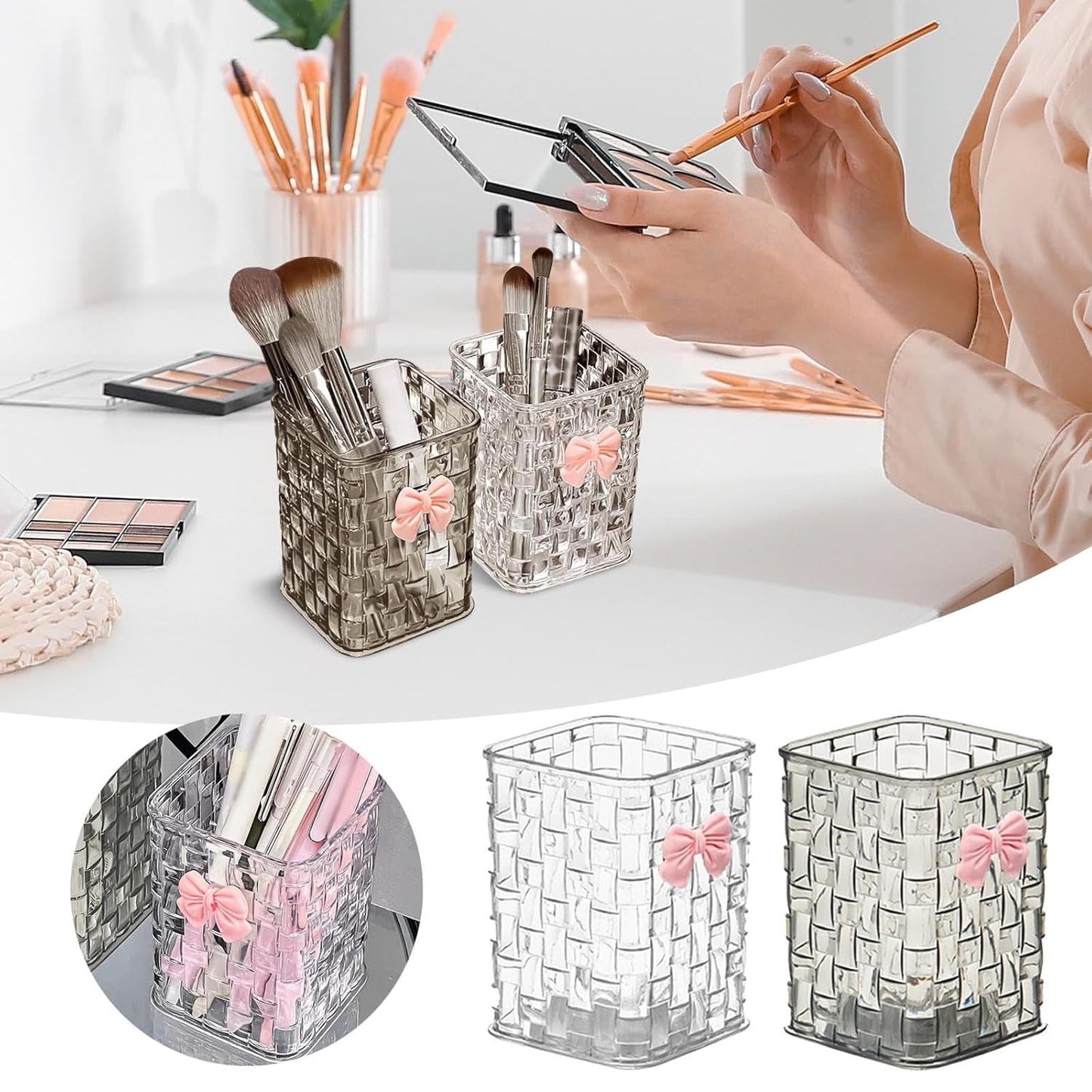 Clear woven desk organizer with pink bows holding makeup brushes and a phone on a white surface.