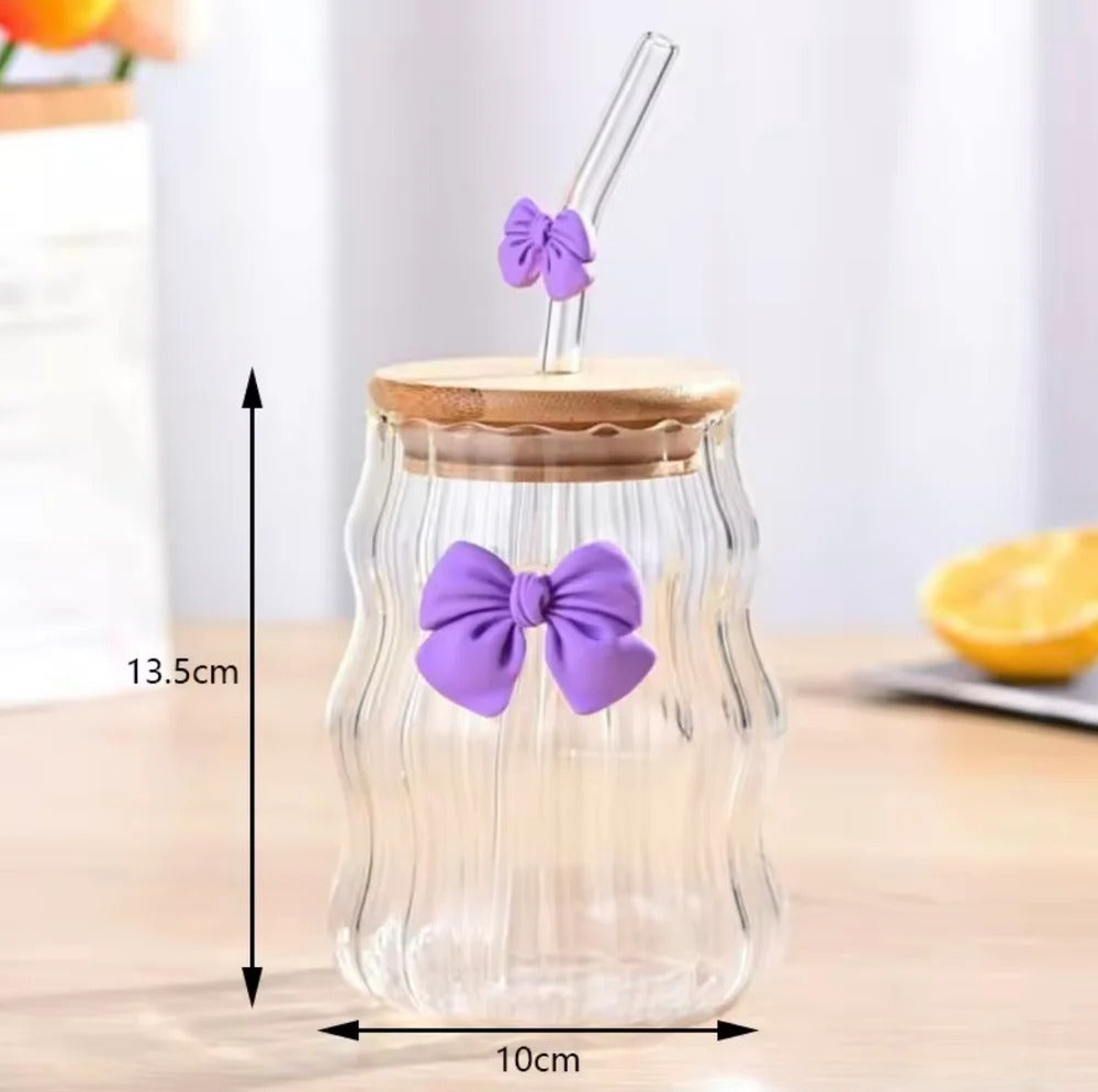 Bow Coffee Glass Mug – High Borosilicate Cloud Cup with Wooden Lid & Straw