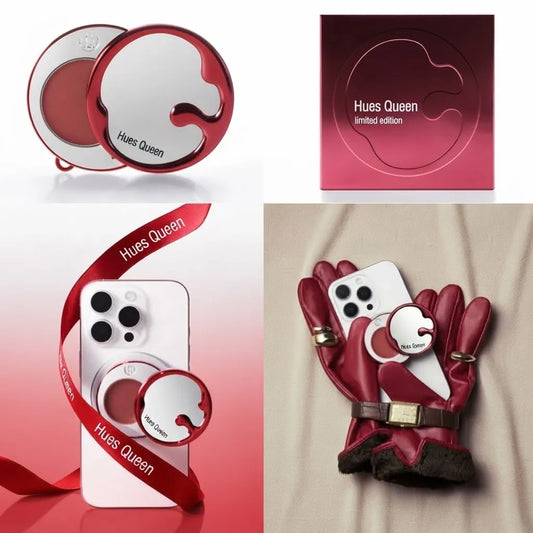 Hues Queen limited edition phone case and matching accessories set, featuring a red and white heart-shaped magnetic phone case, a red phone case with a red ribbon, a red square box labeled 'Hues Queen limited edition', and a pair of red gloves with a matching heart-shaped charm.