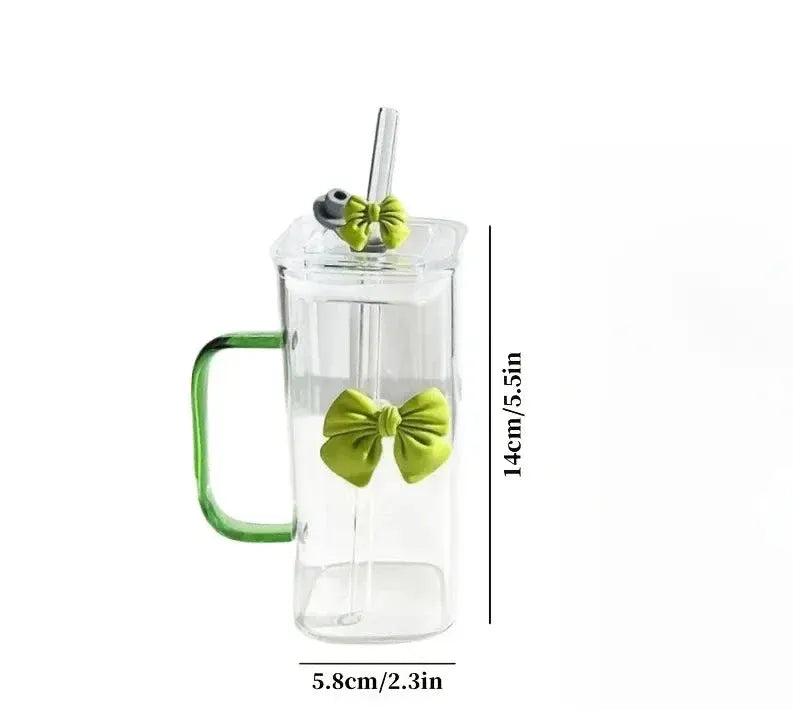 450ml Bow Glass Tumbler with Lid, Handle and Straw