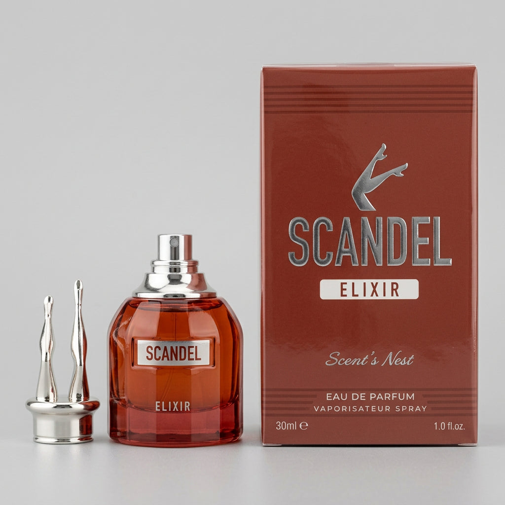 A bottle of Scandal Elixir Eau de Parfum and its red packaging box are displayed on a marble surface in front of a shop window. A silver atomizer cap is also shown next to the bottle.