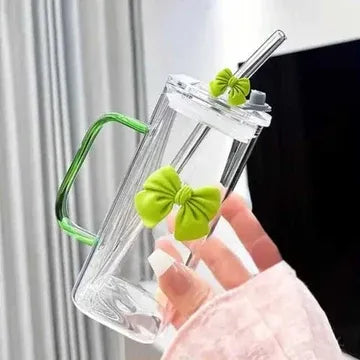 450ml Bow Glass Tumbler with Lid, Handle and Straw