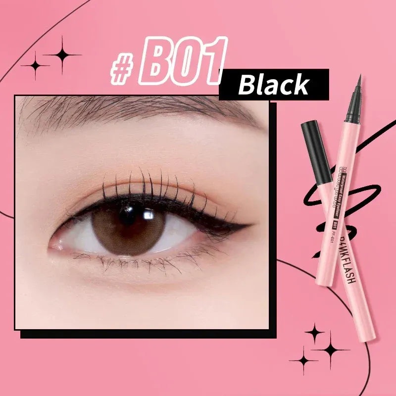 A pink cosmetic promotional graphic showing a close-up of a woman's eye with black winged eyeliner, alongside two pink eyeliner pens and text reading '#B01 Black'.