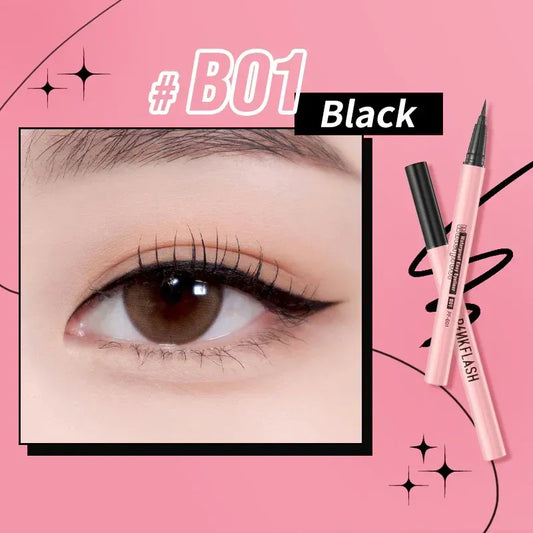 A pink cosmetic promotional graphic showing a close-up of a woman's eye with black winged eyeliner, alongside two pink eyeliner pens and text reading '#B01 Black'.