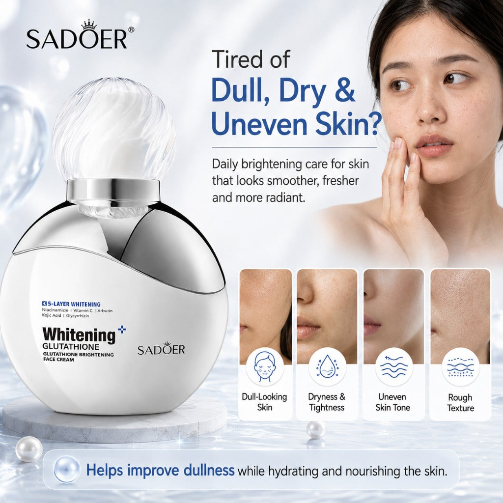 SADOER Whitening Gelatinizing Cream bottle shown on a clean white-to-blue promotional background with a woman touching her face and four skin texture close-ups. Text reads 'Tired of Dull, Dry & Uneven Skin?' and 'Helps improve dullness while hydrating and nourishing the skin.