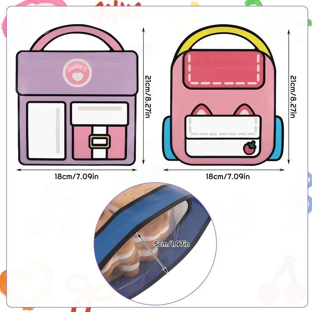 A product dimension diagram showing a cartoon-style pink and purple backpack from the front and back, with measurements labeled 18cm by 21cm, plus a circular inset showing the thickness of a blue strap as 5cm.