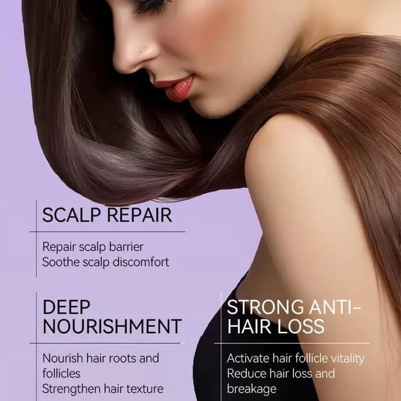 A close-up of a woman with long, glossy brown hair against a lavender background, with text overlays reading 'SCALP REPAIR', 'DEEP NOURISHMENT', and 'STRONG ANTI-HAIR LOSS'.