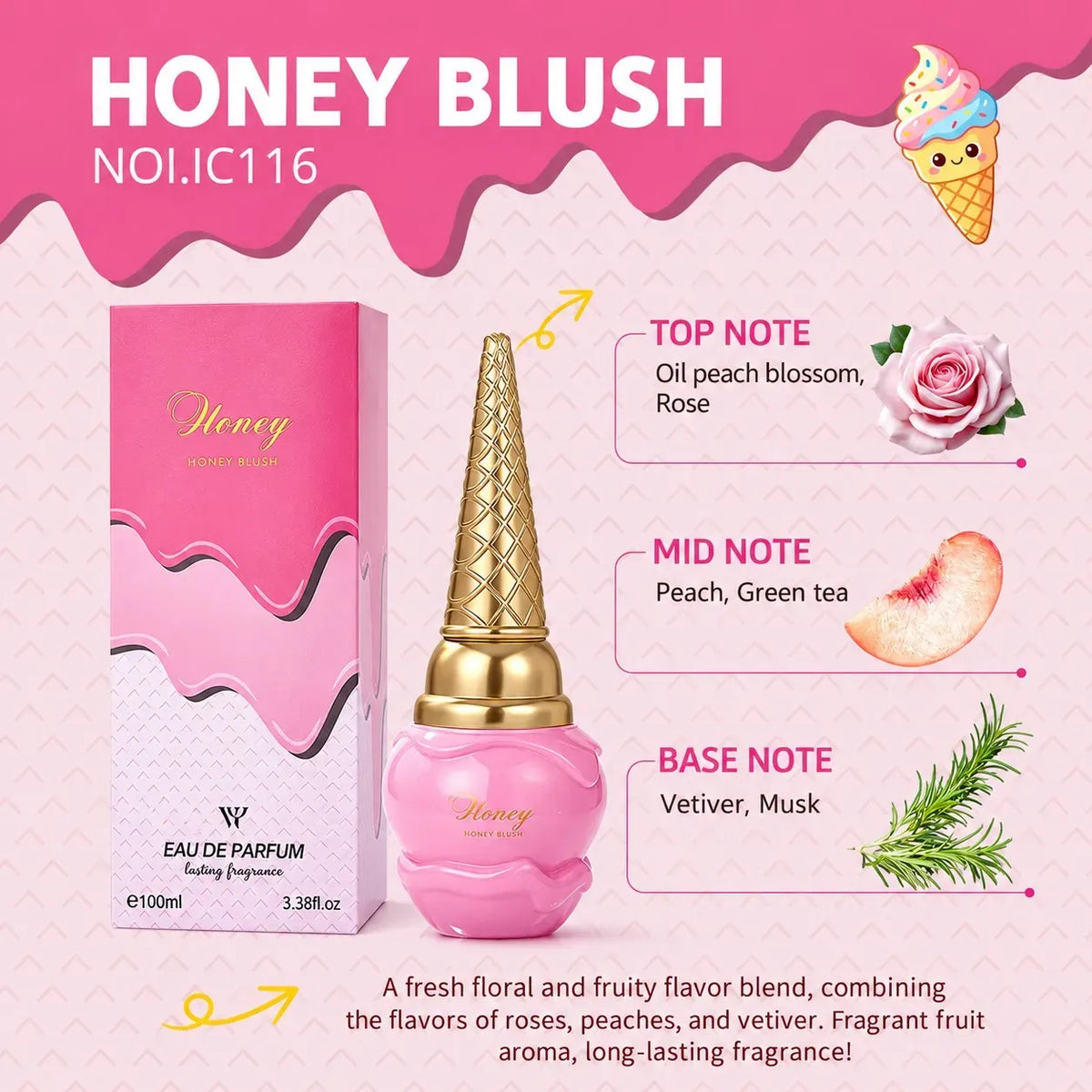 Honey Blush Eau de Parfum bottle and packaging box displayed on a pink patterned background with scent notes and flavor imagery. The bottle is pink with a gold cap, and the box is pink with gold lettering.