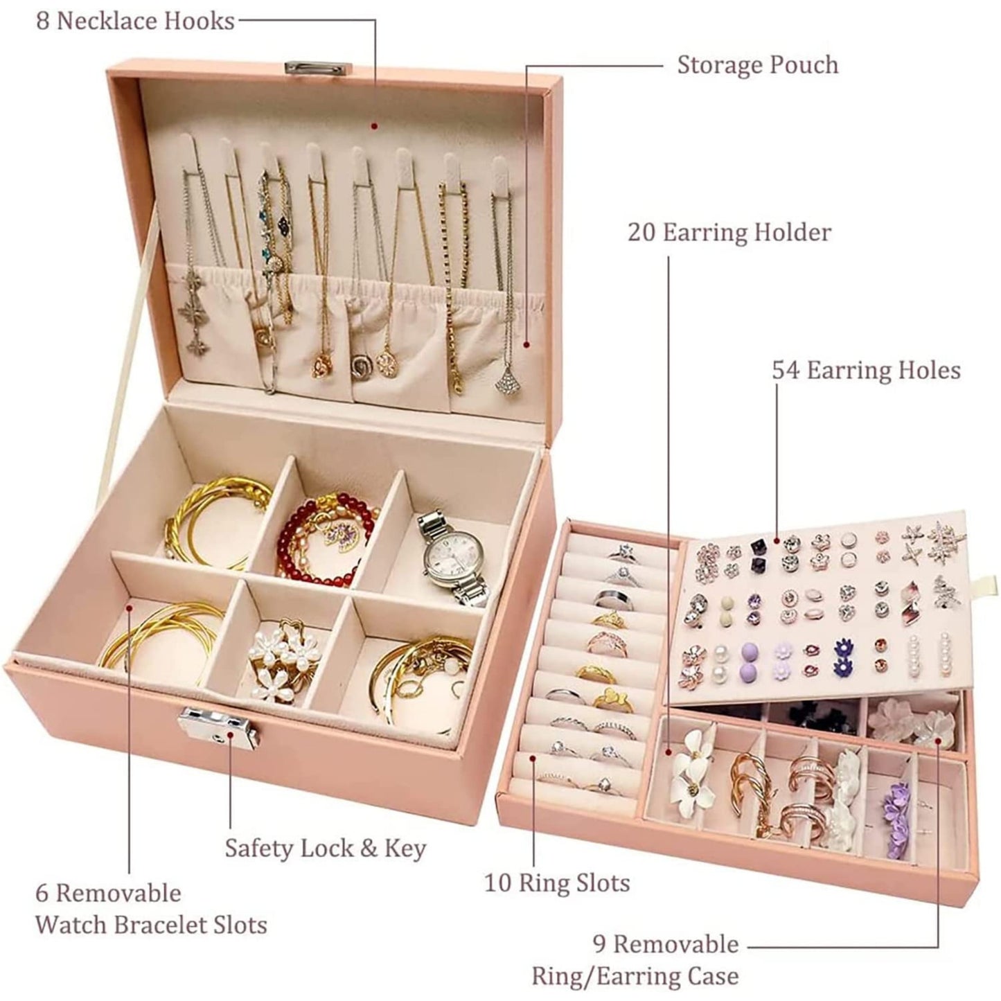 Leather Jewellery & Cosmetics Organizer with Lock – 2-Layer Storage Box