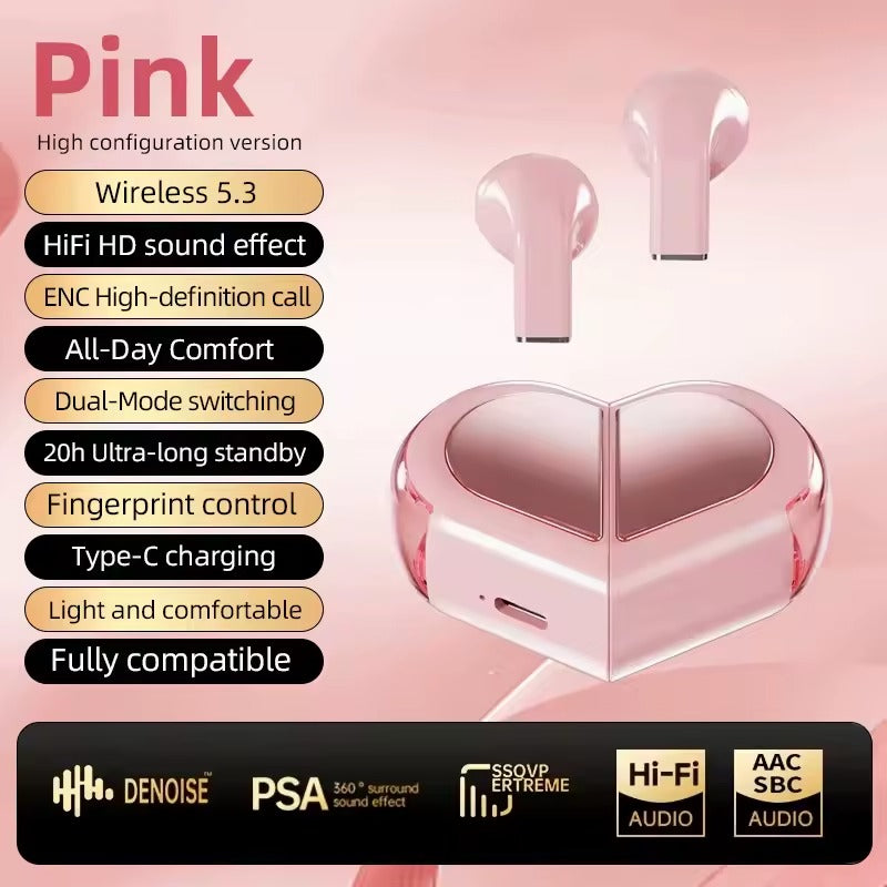 K520 Pink Heart TWS Wireless Earbuds – Cute Kawaii Bluetooth Earphones for Girls