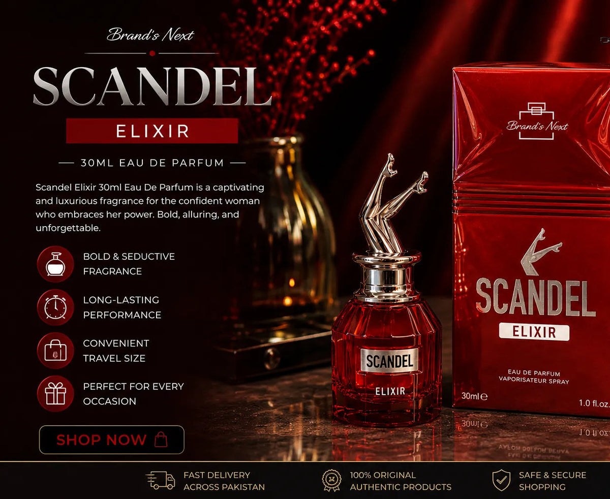 Brands Next Scandal Elixir 30ml Eau De Parfum bottle and its red packaging box, displayed on a dark reflective surface with a dramatic red and black background featuring the Scent Siege logo.