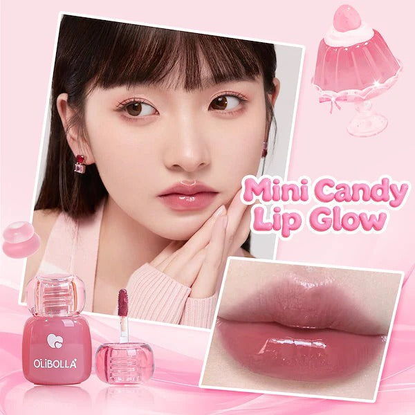 Product advertisement for OLIBOLLA Mini Candy Lip Glow with a model wearing it, close-up of lips, and product packaging.