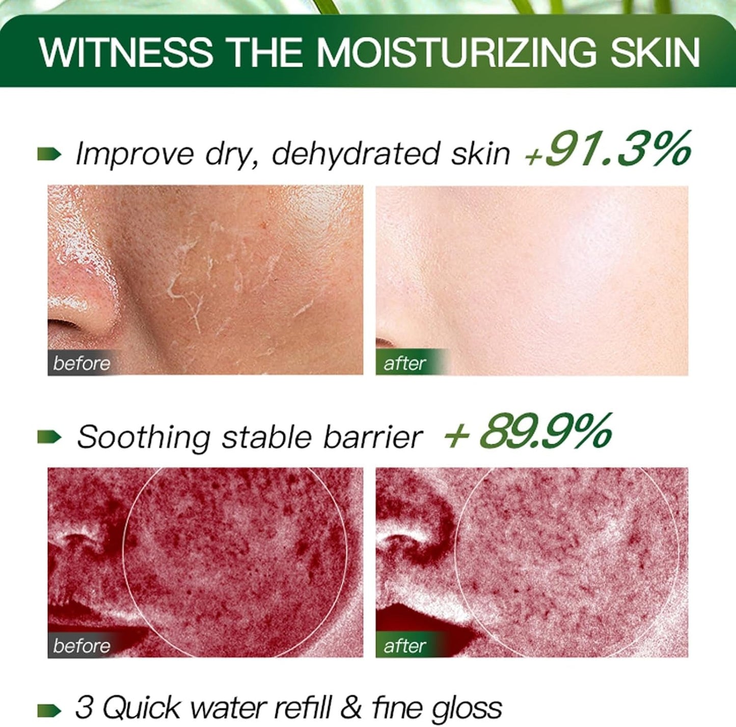 Promotional graphic for a skincare product showing before-and-after results on dry, cracked skin and a stable red-toned barrier, with text claims such as 'WITNESS THE MOISTURIZING SKIN' and percentage improvements.
