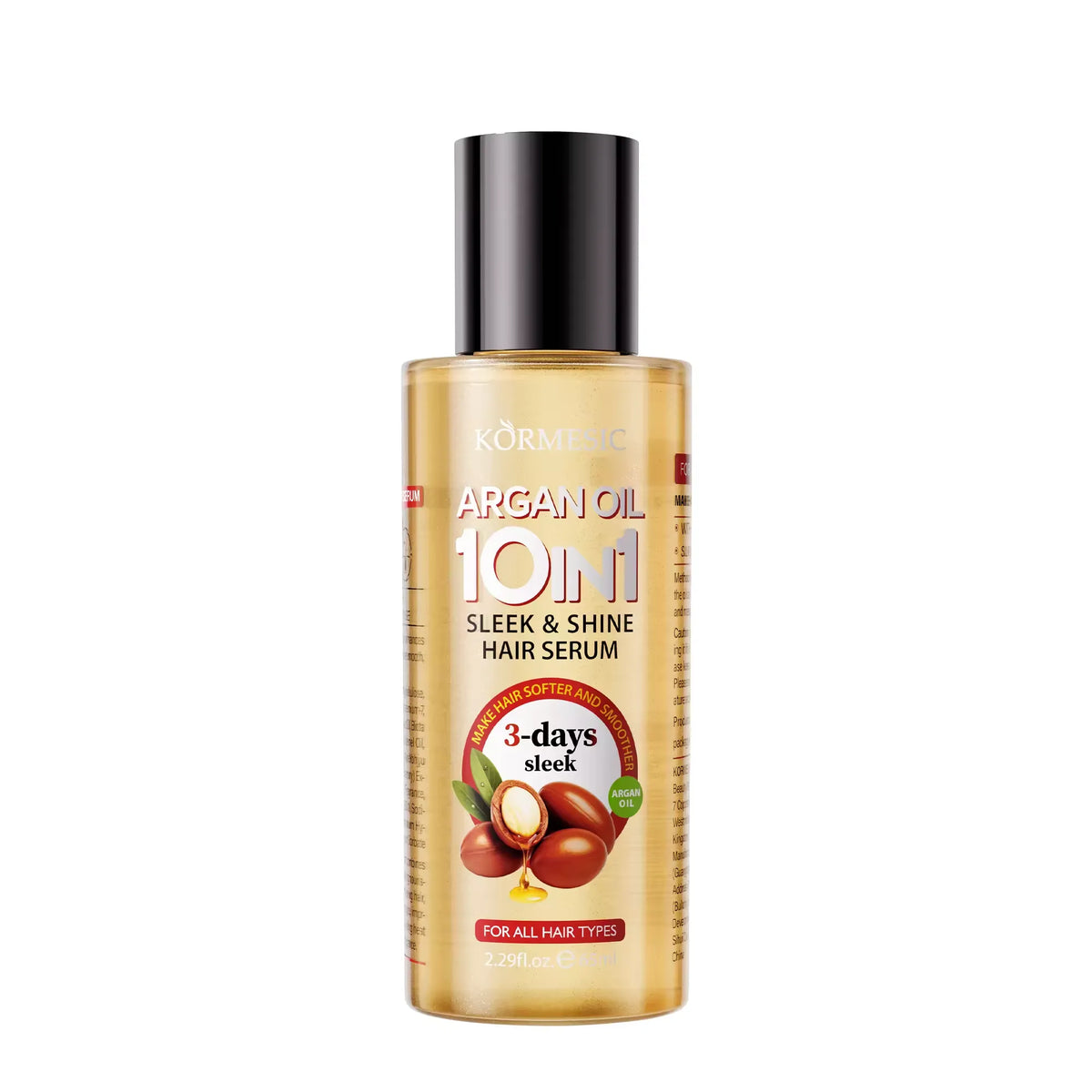Körmesc Argan Oil 10-in-1 Sleek & Shine Hair Serum in a clear bottle showing golden oil inside, with a black cap and a label featuring argan nuts.