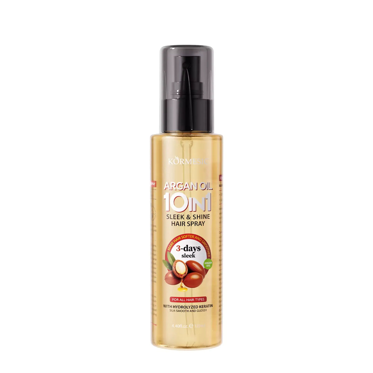 Körmen 10-in-1 Argan Oil Sleek & Shine Hair Spray in a clear bottle showing golden argan oil, with a black spray cap, on a white background.
