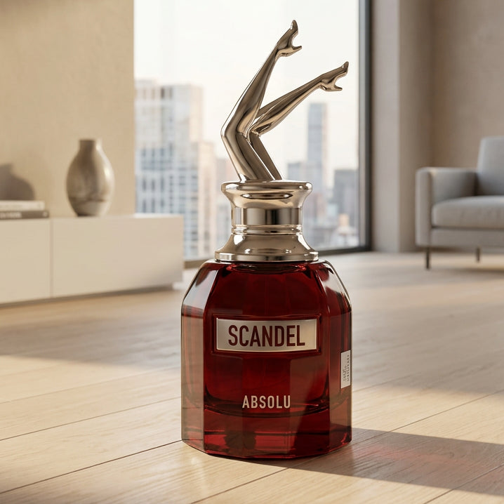 A bottle of Scandal Absolu perfume with a metallic silver legs-shaped cap, set in front of its dark red packaging pouch on a stone surface.