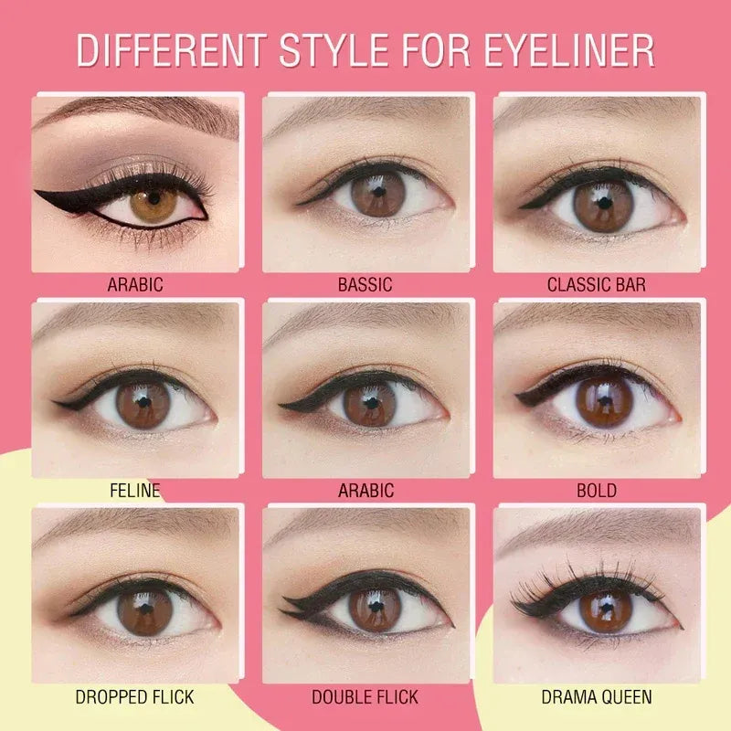 Illustrations of different eyeliner styles on eyes with a pink background