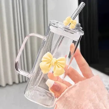 450ml Bow Glass Tumbler with Lid, Handle and Straw