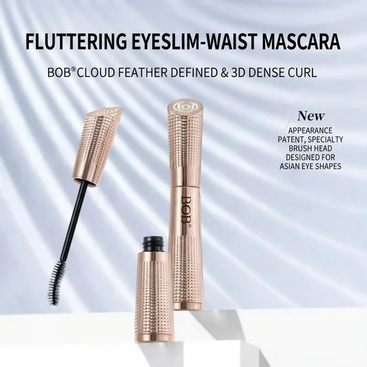 Bob Cloud Feather Fluttering Eyeslim-Waist Mascara shown in a metallic rose gold tube with the wand and cap removed, on a light blue and white draped background with promotional text.