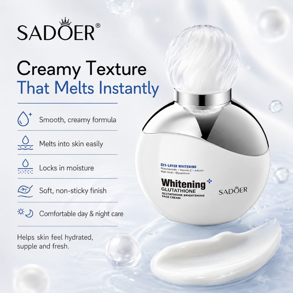 SADOER Whitening Gelatone facial cream bottle on a light blue water-themed background with text highlighting creamy texture and instant melt, plus a smear of white cream at the bottom.