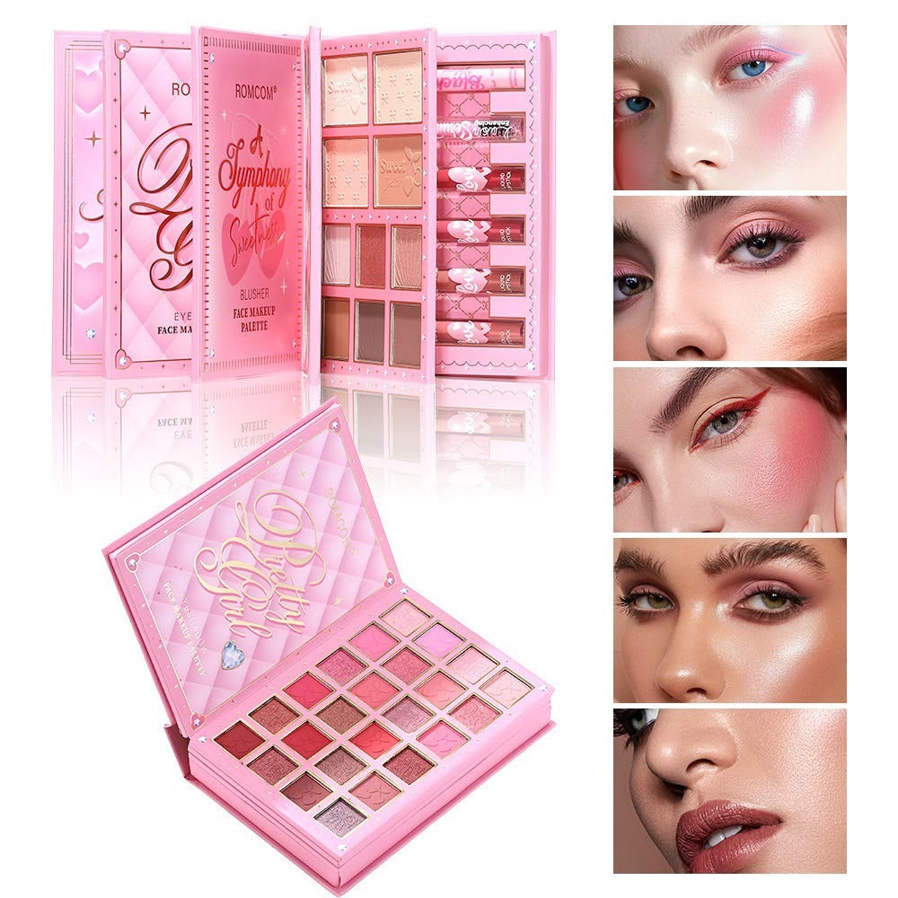 Pink makeup palette with eyeshadows and a brush, surrounded by close-up images of makeup application on faces.