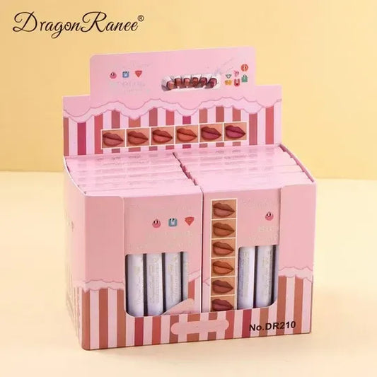 DragonRanee lip gloss display box containing multiple individual lip gloss tubes, shown on a light beige background.