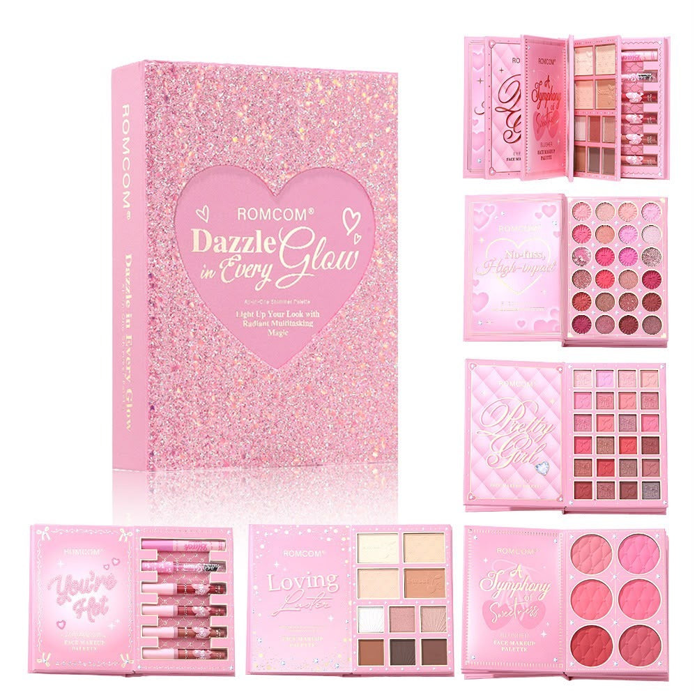 Pink makeup set with 'ROMCOM' branding and various palettes on a white background