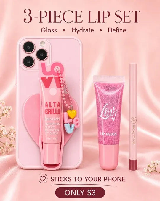 A 3-piece pink lip set including a lip gloss tube, a lip liner pencil, and a phone case with a charm, displayed on a pink satin background with text overlays.