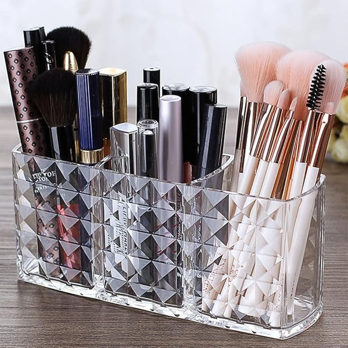 Diamond-Pattern Cosmetic Storage Box – Transparent Makeup Brush Holder & Vanity Organizer
