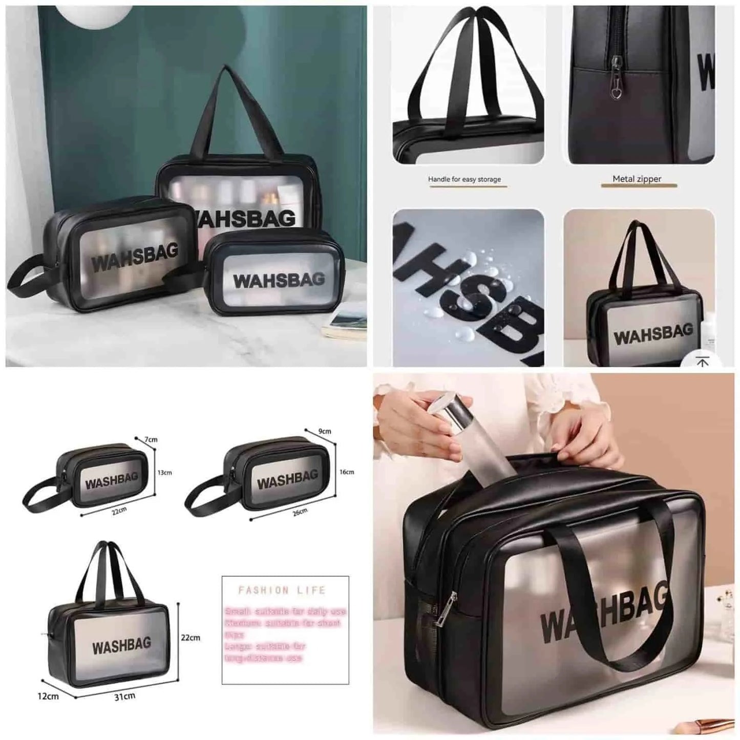 3-Piece Portable Travel Wash Bag – Transparent Waterproof Makeup Organizer Pouch Set