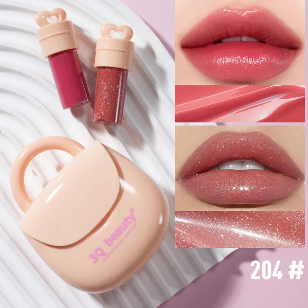 Lip gloss set with close-up shots of lips wearing the product on a light background