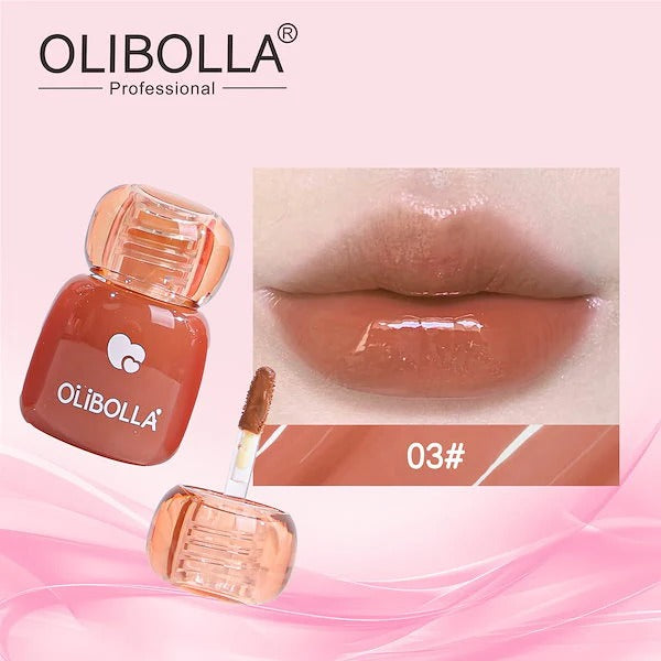 Olibolla lip gloss with applicator and close-up of lips wearing the product on a pink background