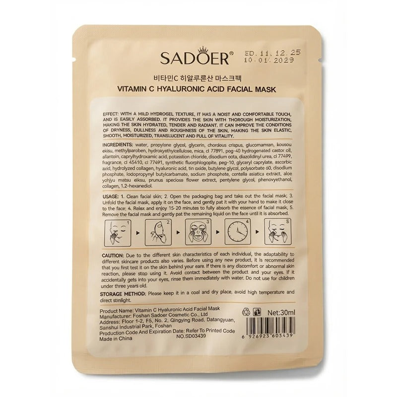 Sadoer Vitamin C Hyaluronic Acid Facial Mask Collagen Skin Radiance Fast Absorption And Youthful Skin