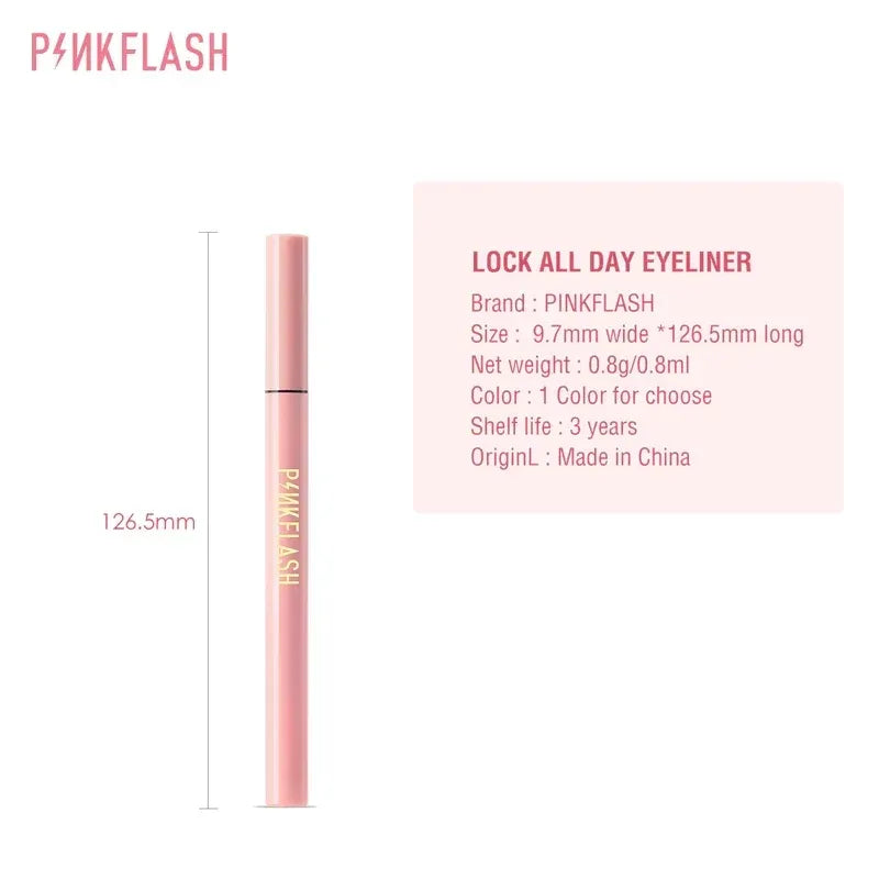 Pink PINKFLASH eyeliner tube shown on a white background with product details text to the right and a height measurement of 126.5mm on the left.