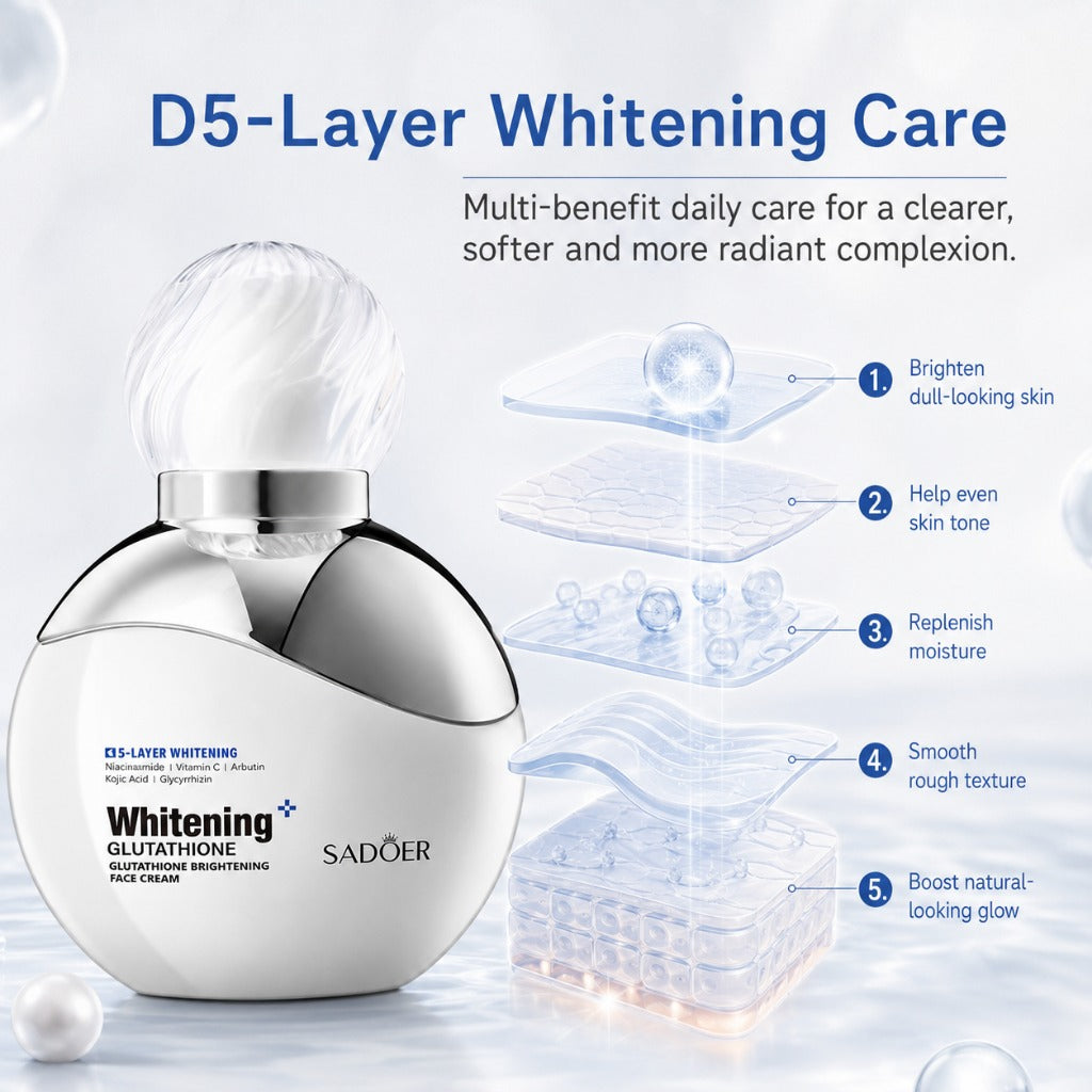 Sadoer D5-Layer Whitening Care skincare bottle shown on a clean light blue/white background with marketing text and layered transparency graphics explaining the treatment.