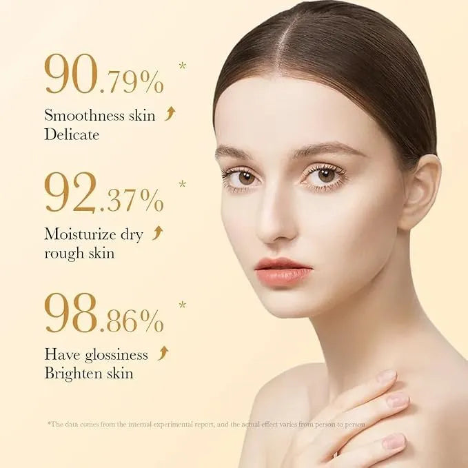 Woman with smooth skin on a beige background with skincare benefits text.