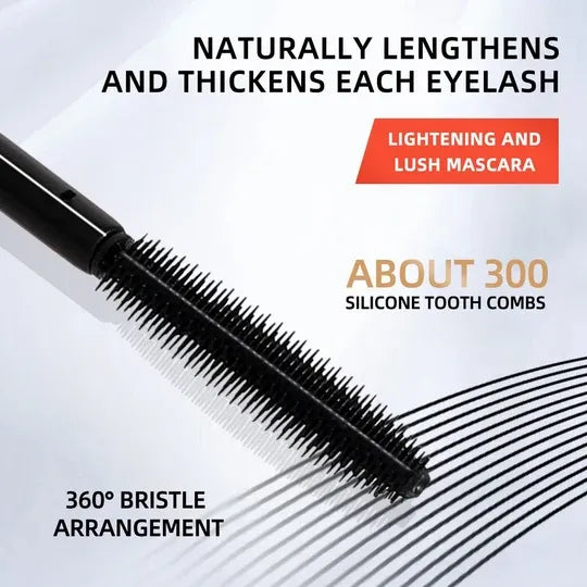 A black eyelash lengthening and thickening mascara brush with silicone tooth combs, shown diagonally on a white background with promotional text overlays.