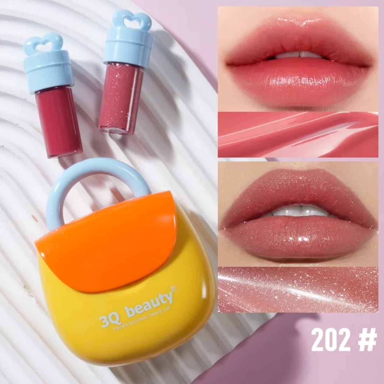 Colorful lip gloss with '3Q beauty' branding, shown on a textured surface.