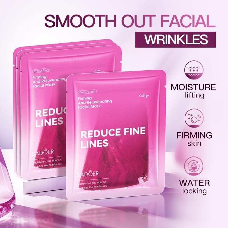Three pink SADOER facial mask packets arranged on a glossy white surface with promotional text reading 'SMOOTH OUT FACIAL WRINKLES' and feature callouts for moisture lifting, firming skin, and water locking.