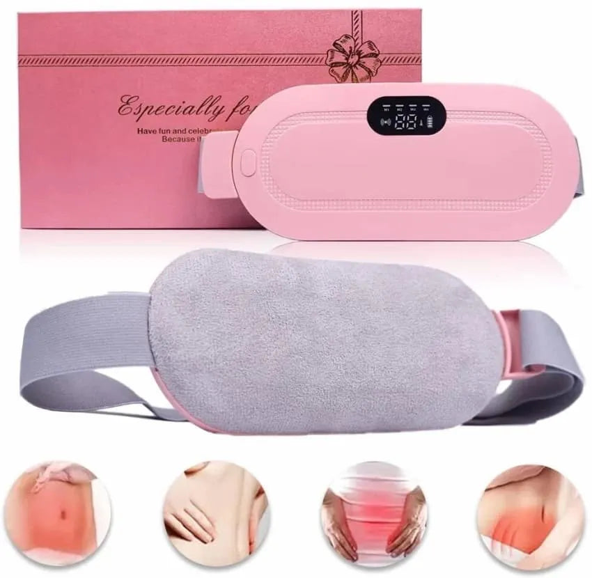 Pink and gray waist trimmer with digital display and packaging on a white background