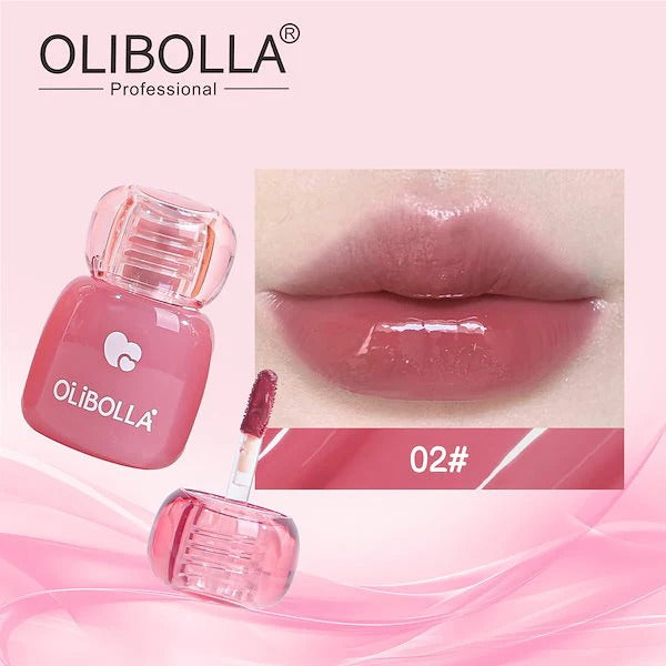 OLIBOLLA lip gloss with applicator and close-up of lips wearing the product on a pink background