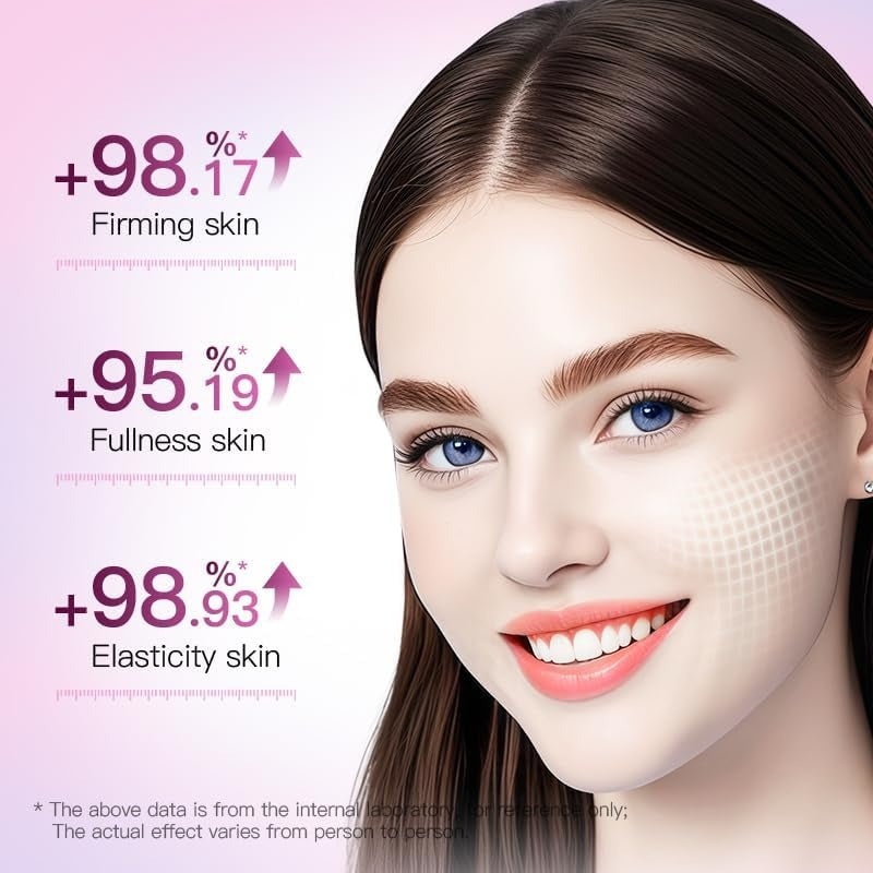 A close-up beauty graphic showing a smiling woman with long dark brown hair and bright blue eyes on a pink gradient background. Text on the left claims '+98.