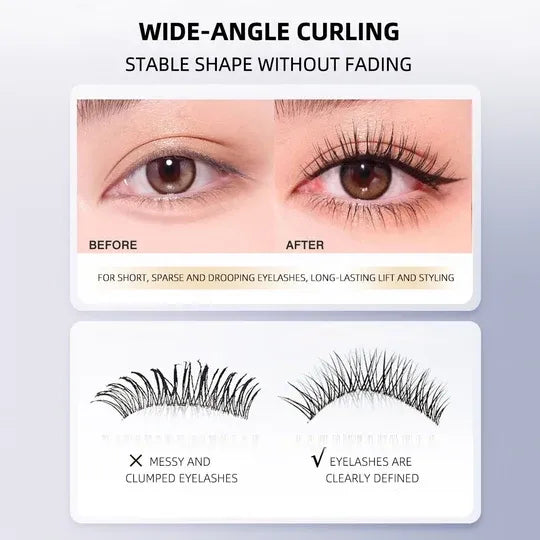 Promotional graphic for wide-angle curling false eyelashes, showing a before-and-after eye comparison and two lash product illustrations with explanatory text.
